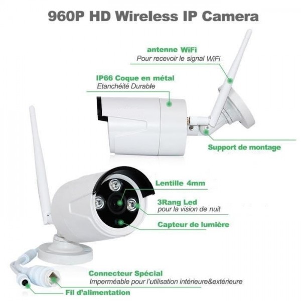Kit vidéosurveillance sans fil wifi 4 caméras tubes HD 960P 1.3 MP