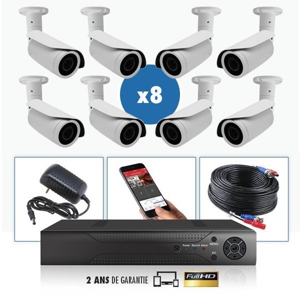 kit video surveillance professionnel 8 cameras ahd exterieures tubes infrarouge 20m capteur sony 960p enregistreur numerique dvr