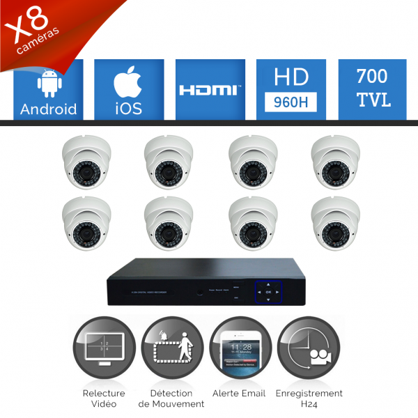 Pack vidéosurveillance 8 caméras FULL HD SONY 700 TVL varifocal DVR 960H