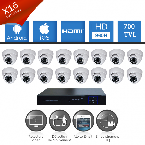 Pack vidéosurveillance 16 caméras HD SONY 700 TVL DVR 960H