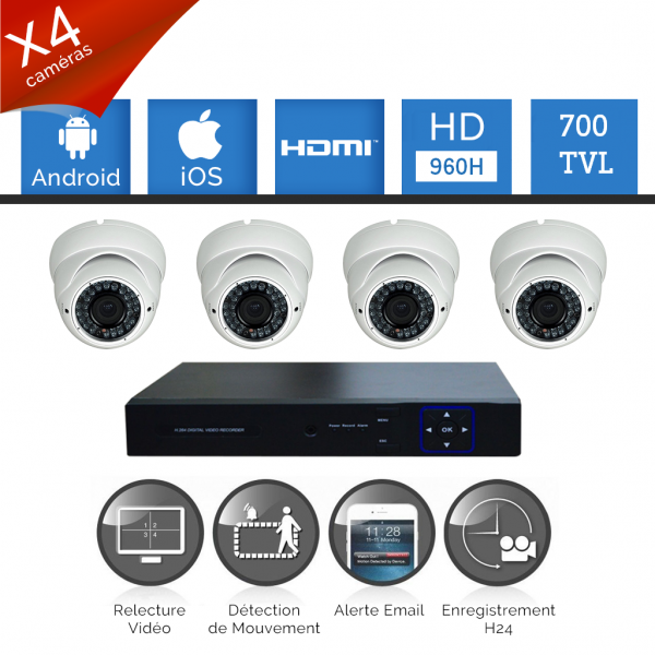 Pack vidéosurveillance 4 caméras FULL HD SONY 700 varifocal  DVR 960H